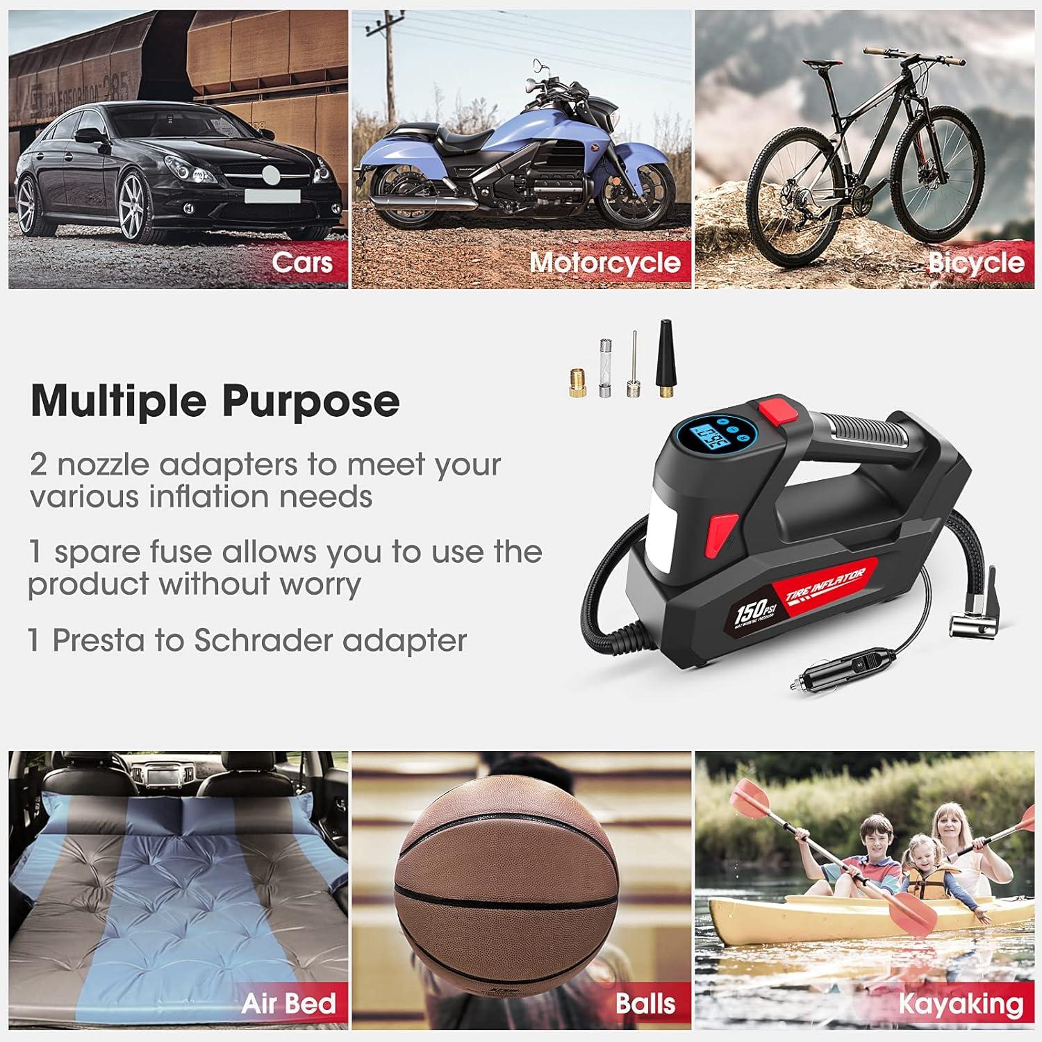 imageAir Compressor Tire Inflator Portable Air Pump DC 12V Auto Tire Pump with Digital Pressure Gauge150PSI with Emergency LED Light for Car Tires Motorcycle Bicycle and Other Inflatables