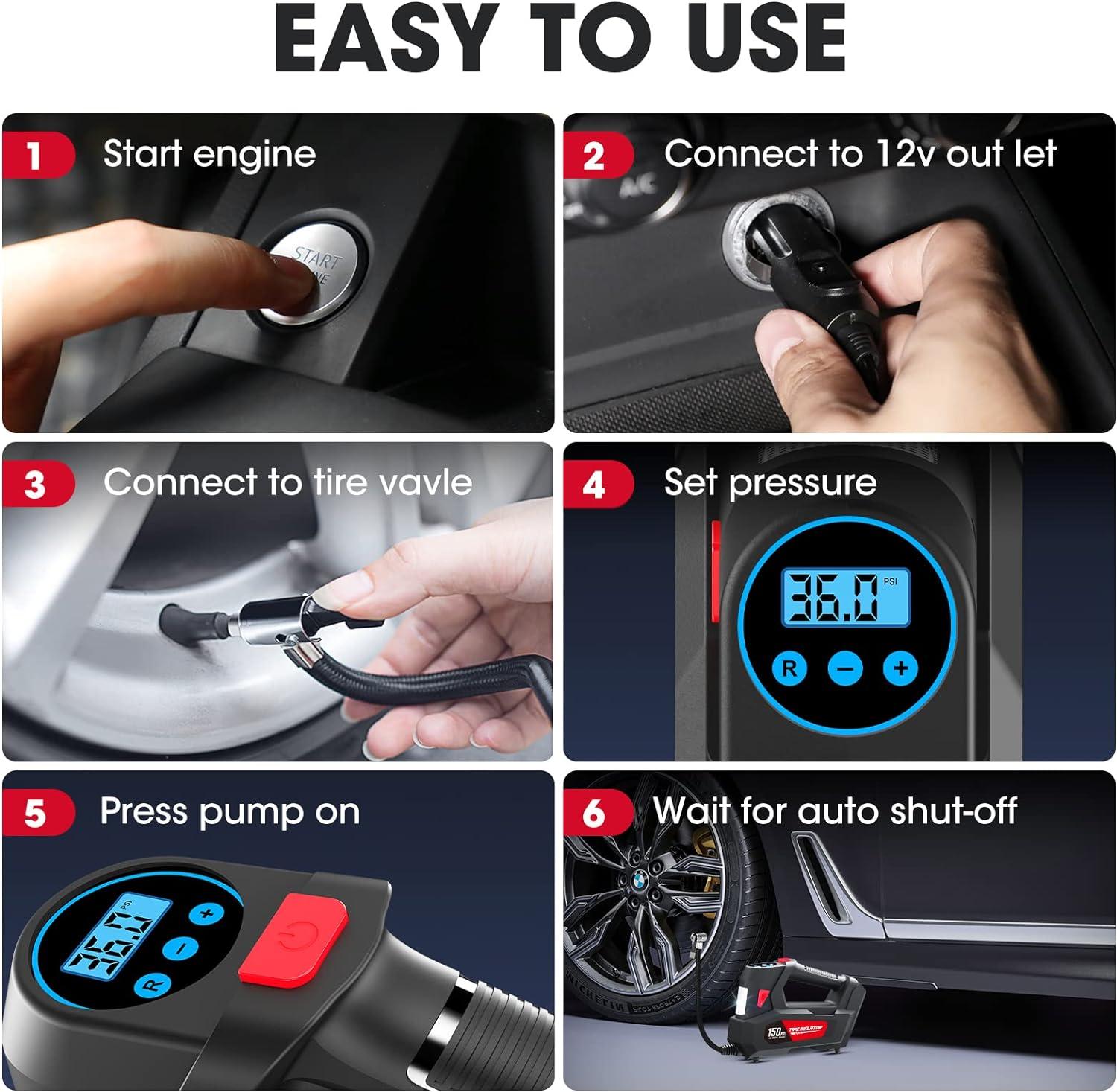 imageAir Compressor Tire Inflator Portable Air Pump DC 12V Auto Tire Pump with Digital Pressure Gauge150PSI with Emergency LED Light for Car Tires Motorcycle Bicycle and Other Inflatables