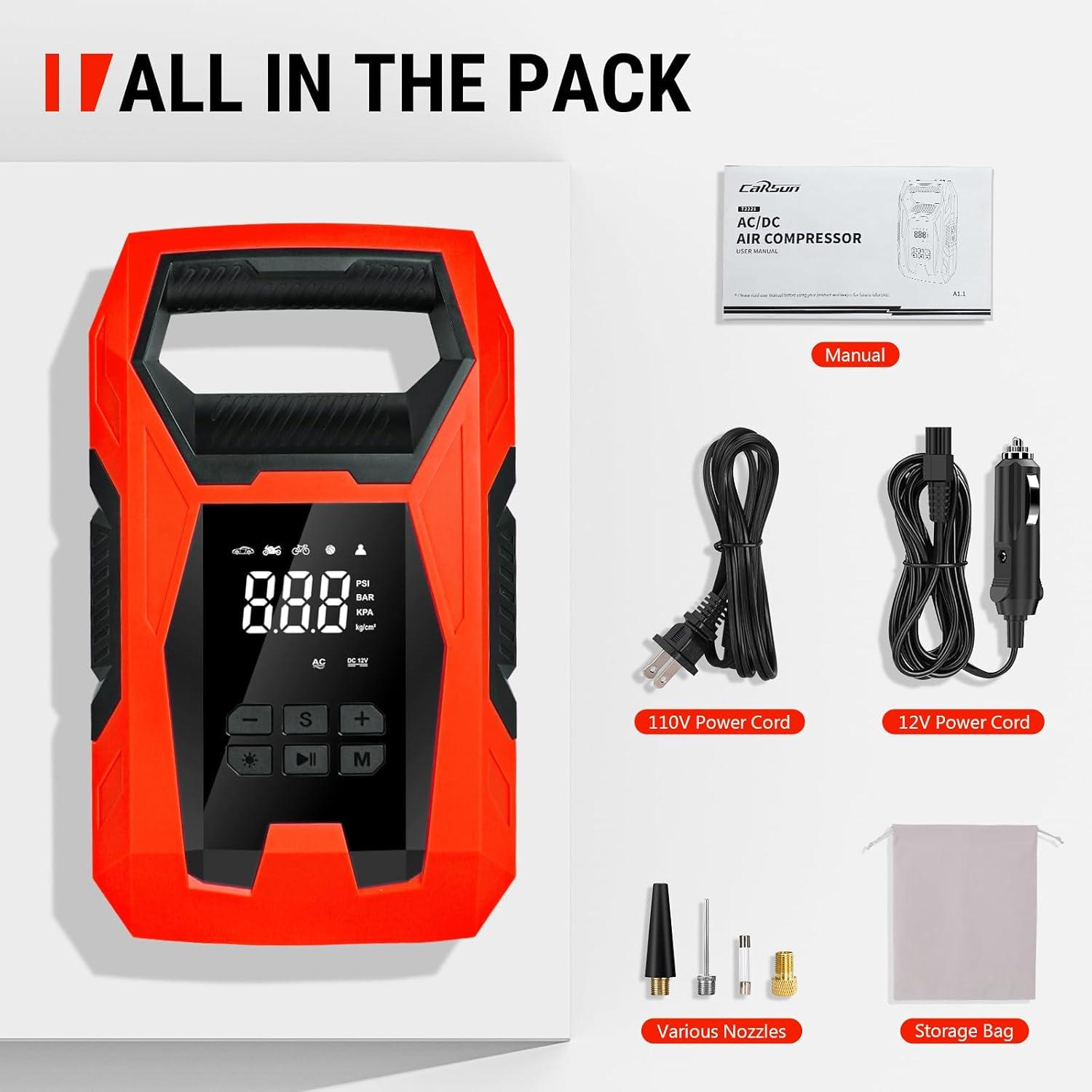 imageCARSUN ACDC Tire Inflator Portable Air Compressor Dual Power for Home 110V AC and Car 12V DC Air Pump with Pressure Gauge Auto Shutoff Tire Pump for Car Motorcycle Bicycle and Other InflatablesRed