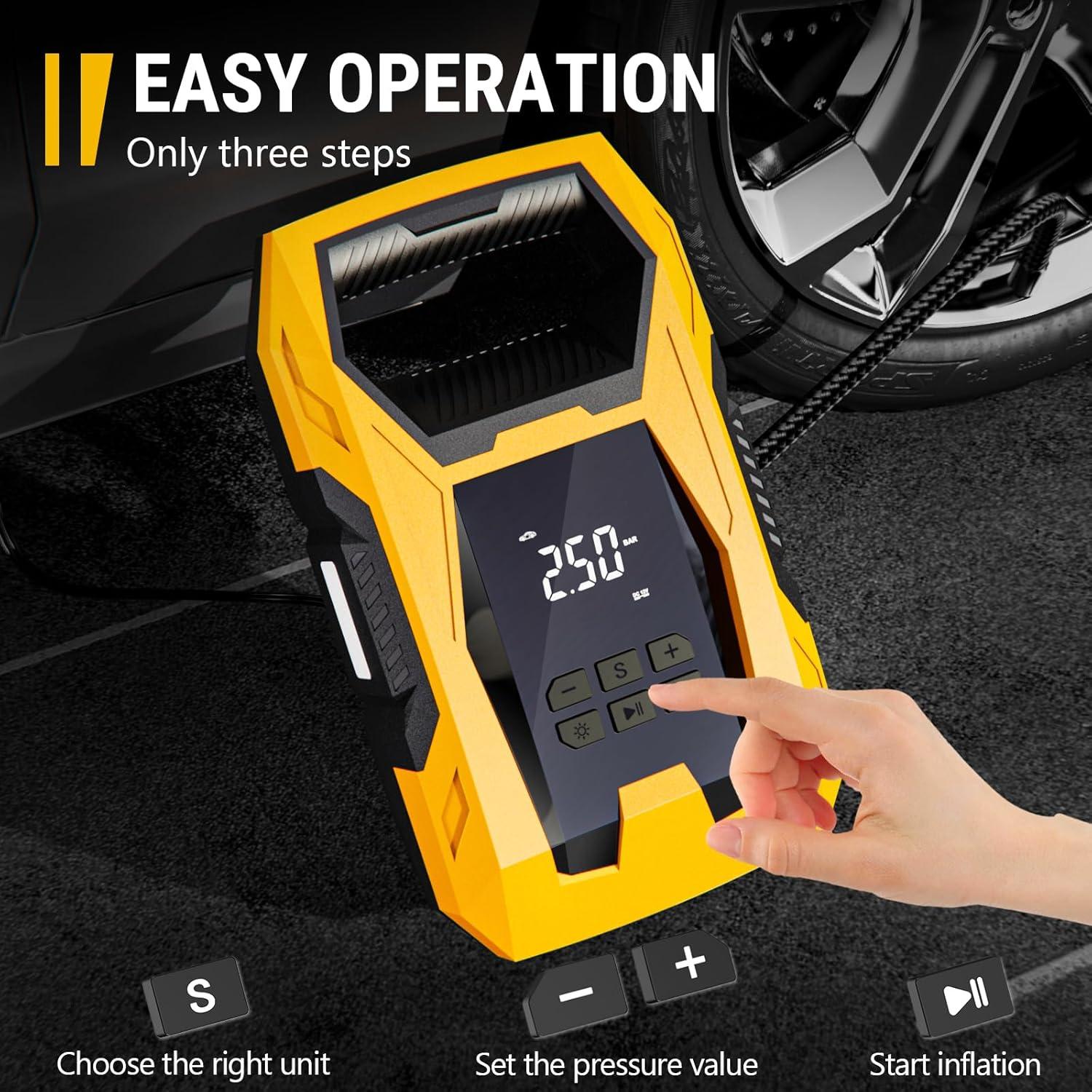 imageCARSUN ACDC Tire Inflator Portable Air Compressor Dual Power for Home 110V AC and Car 12V DC Air Pump with Pressure Gauge Auto Shutoff Tire Pump for Car Motorcycle Bicycle and Other InflatablesYellow