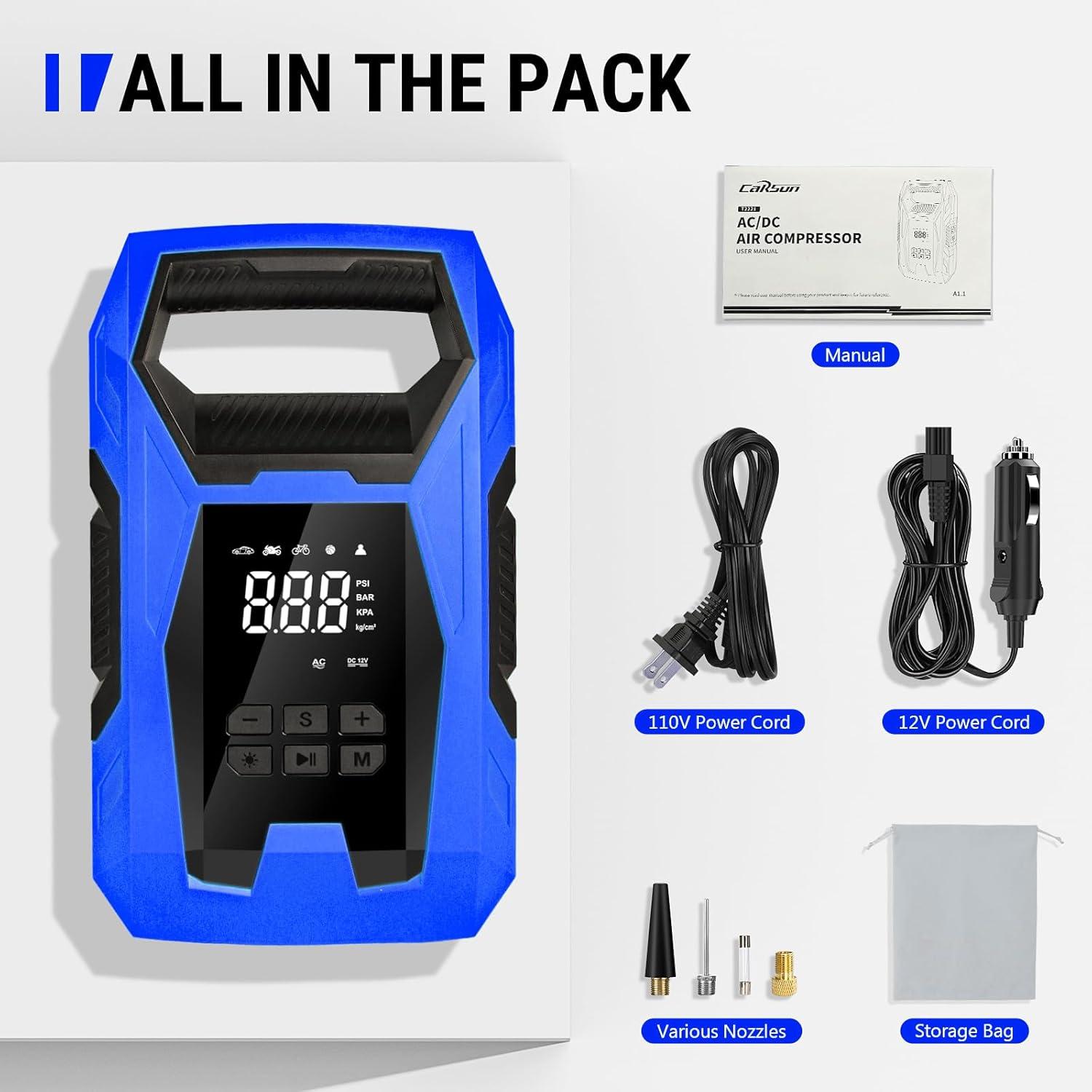 imageCARSUN ACDC Tire Inflator Portable Air Compressor Dual Power for Home 110V AC and Car 12V DC Air Pump with Pressure Gauge Auto Shutoff Tire Pump for Car Motorcycle Bicycle and Other InflatablesBlue