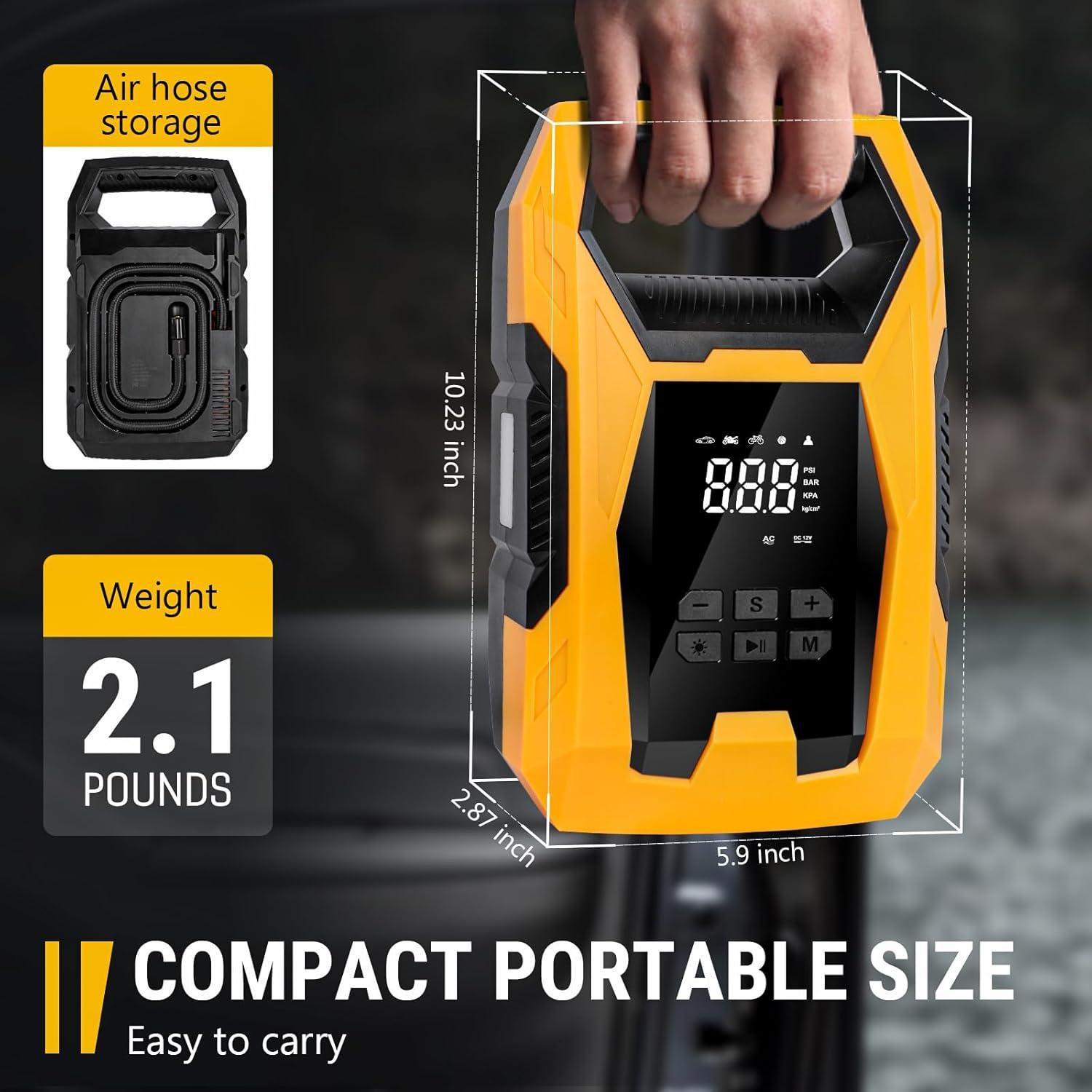 imageCARSUN ACDC Tire Inflator Portable Air Compressor Dual Power for Home 110V AC and Car 12V DC Air Pump with Pressure Gauge Auto Shutoff Tire Pump for Car Motorcycle Bicycle and Other InflatablesYellow