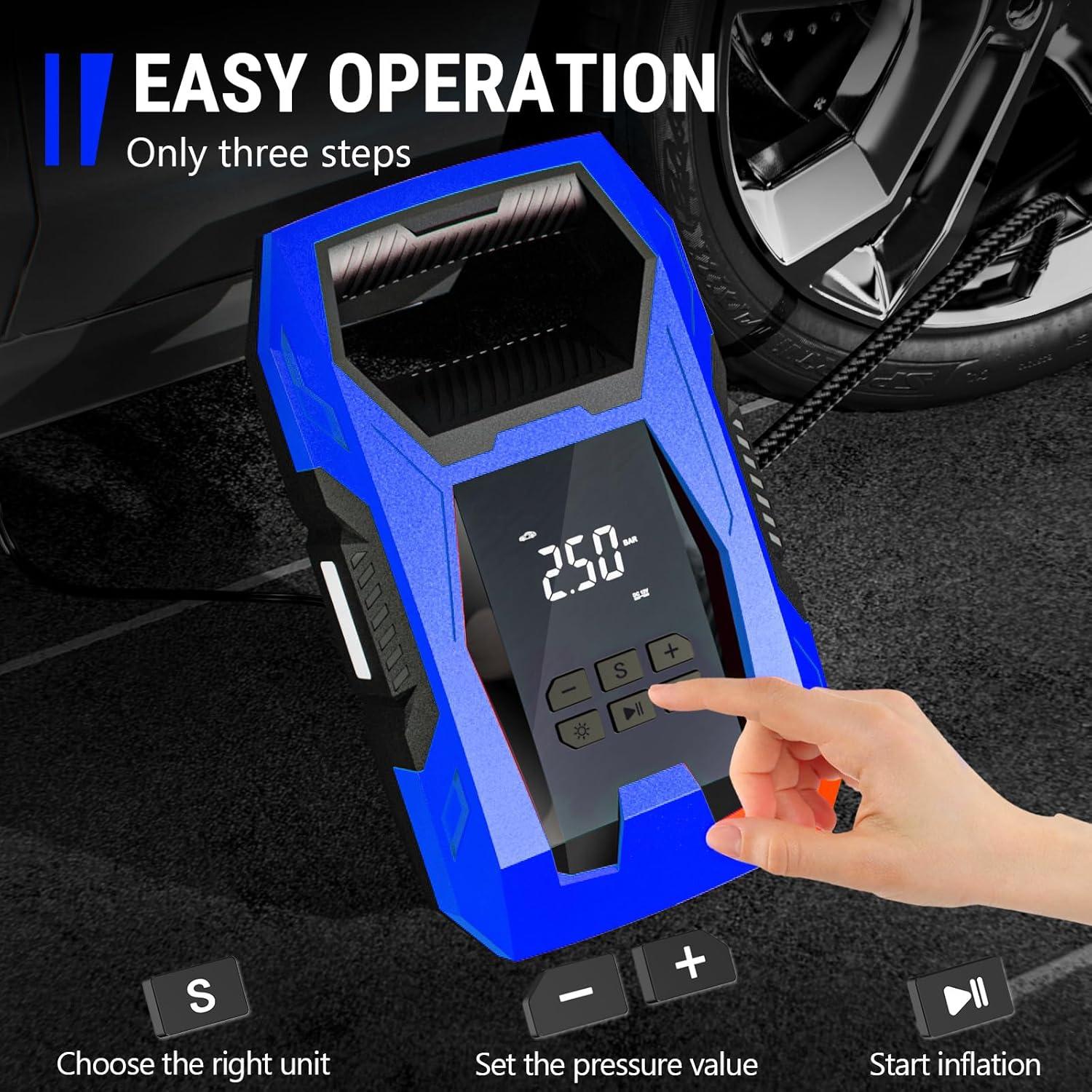 imageCARSUN ACDC Tire Inflator Portable Air Compressor Dual Power for Home 110V AC and Car 12V DC Air Pump with Pressure Gauge Auto Shutoff Tire Pump for Car Motorcycle Bicycle and Other InflatablesBlue