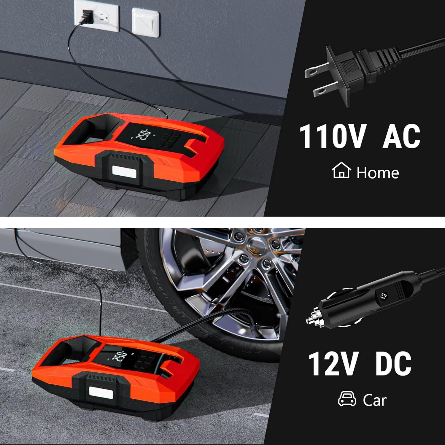 imageCARSUN ACDC Tire Inflator Portable Air Compressor Dual Power for Home 110V AC and Car 12V DC Air Pump with Pressure Gauge Auto Shutoff Tire Pump for Car Motorcycle Bicycle and Other InflatablesRed