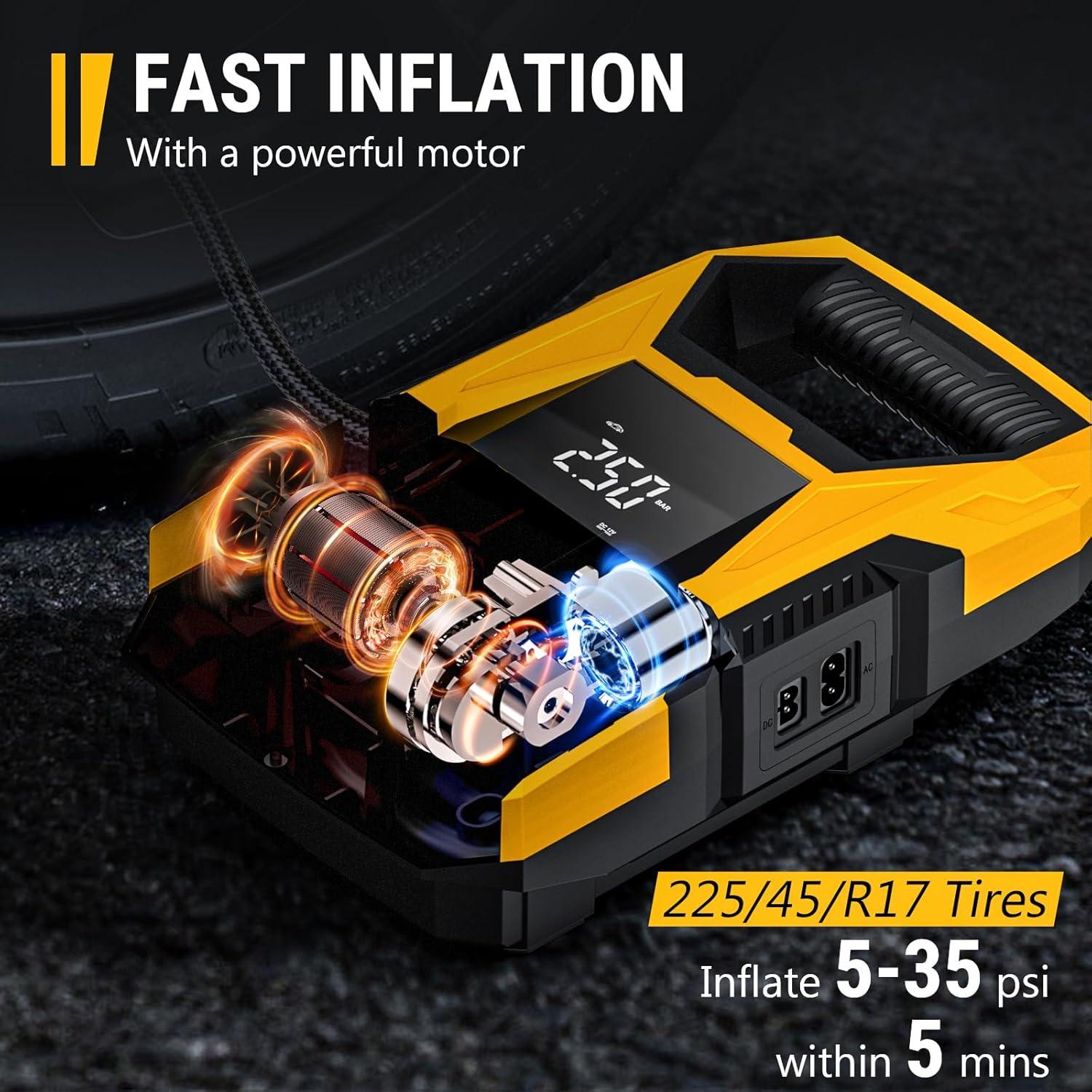 imageCARSUN ACDC Tire Inflator Portable Air Compressor Dual Power for Home 110V AC and Car 12V DC Air Pump with Pressure Gauge Auto Shutoff Tire Pump for Car Motorcycle Bicycle and Other InflatablesYellow