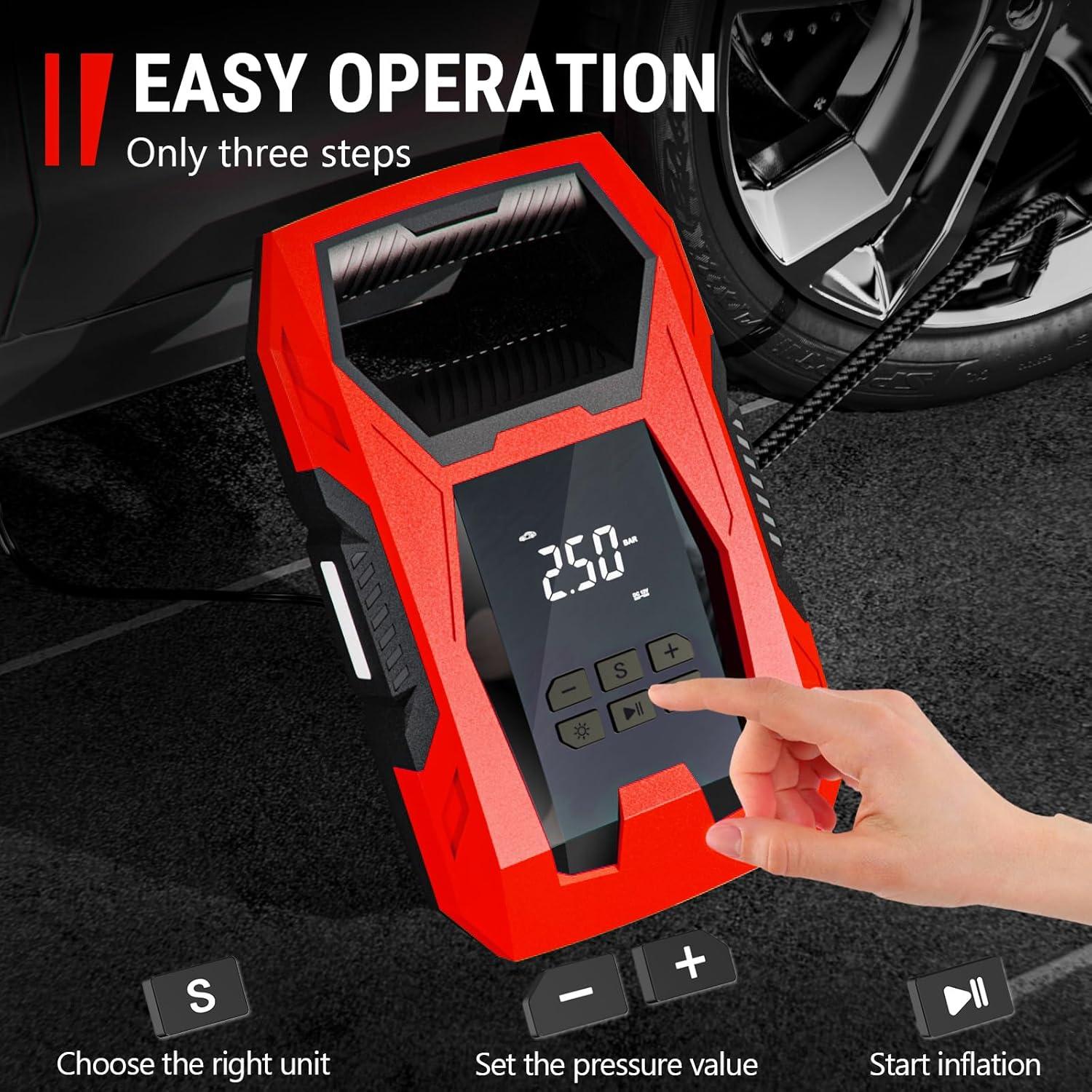 imageCARSUN ACDC Tire Inflator Portable Air Compressor Dual Power for Home 110V AC and Car 12V DC Air Pump with Pressure Gauge Auto Shutoff Tire Pump for Car Motorcycle Bicycle and Other InflatablesRed