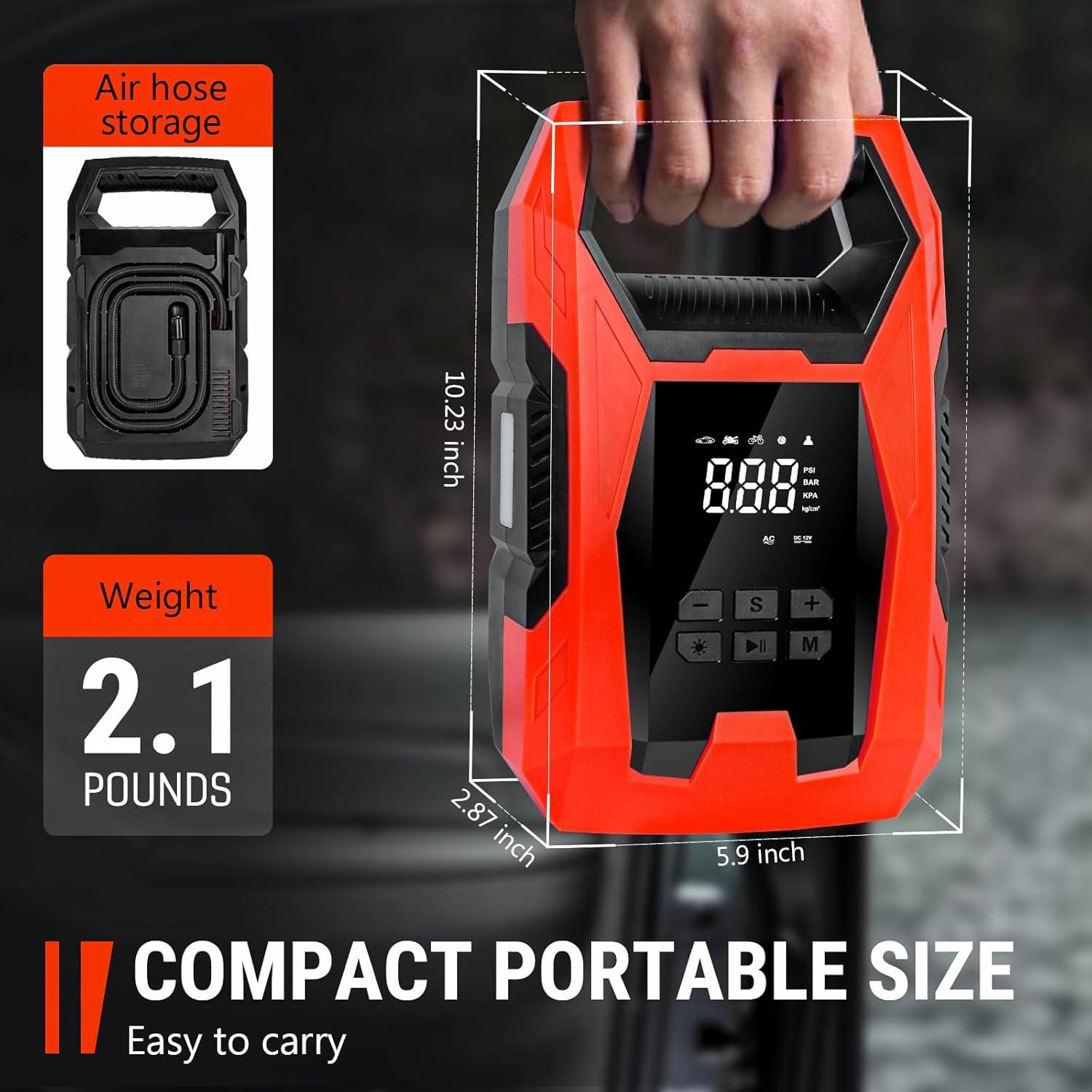 imageCARSUN ACDC Tire Inflator Portable Air Compressor Dual Power for Home 110V AC and Car 12V DC Air Pump with Pressure Gauge Auto Shutoff Tire Pump for Car Motorcycle Bicycle and Other InflatablesRed