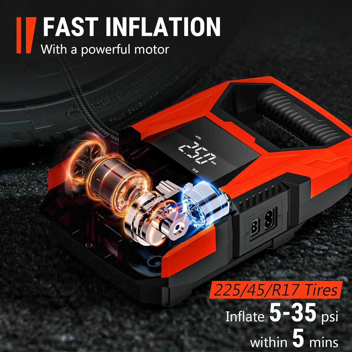 imageCARSUN ACDC Tire Inflator Portable Air Compressor Dual Power for Home 110V AC and Car 12V DC Air Pump with Pressure Gauge Auto Shutoff Tire Pump for Car Motorcycle Bicycle and Other InflatablesRed