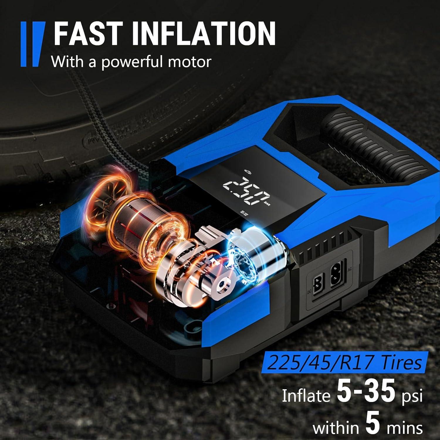 imageCARSUN ACDC Tire Inflator Portable Air Compressor Dual Power for Home 110V AC and Car 12V DC Air Pump with Pressure Gauge Auto Shutoff Tire Pump for Car Motorcycle Bicycle and Other InflatablesBlue