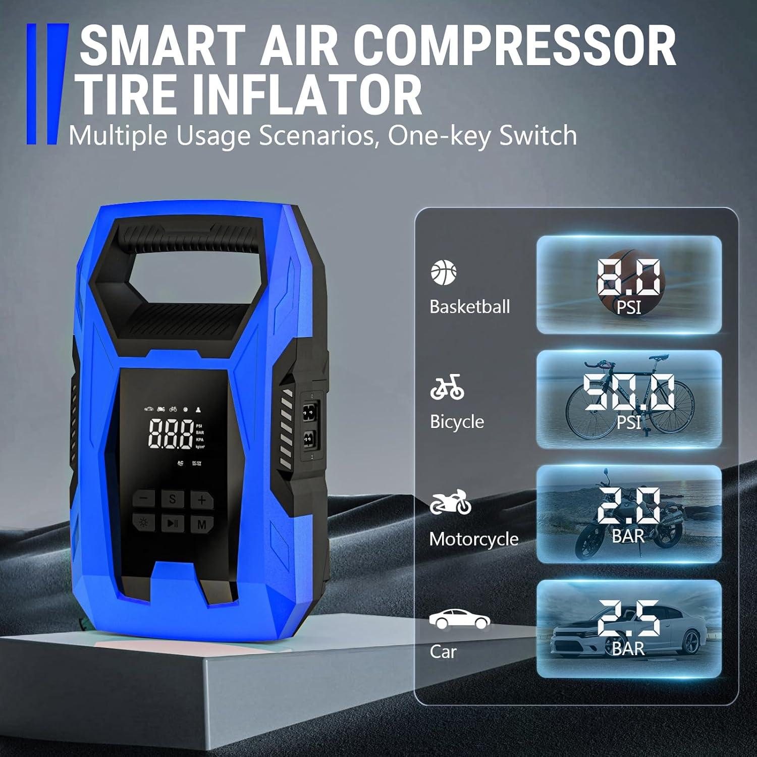 imageCARSUN ACDC Tire Inflator Portable Air Compressor Dual Power for Home 110V AC and Car 12V DC Air Pump with Pressure Gauge Auto Shutoff Tire Pump for Car Motorcycle Bicycle and Other InflatablesBlue