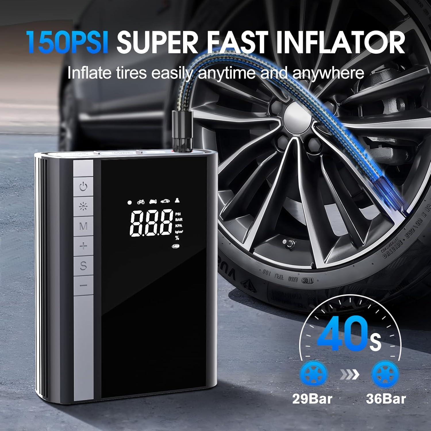 imageCARSUN Jump Starter with Air Compressor 3500A 150PSI CAR Battery Jumper Starter Portable 90 Gas80L Diesel with Digital Tire Inflator 12V Battery Booster Jump Starter with Large LCD Display