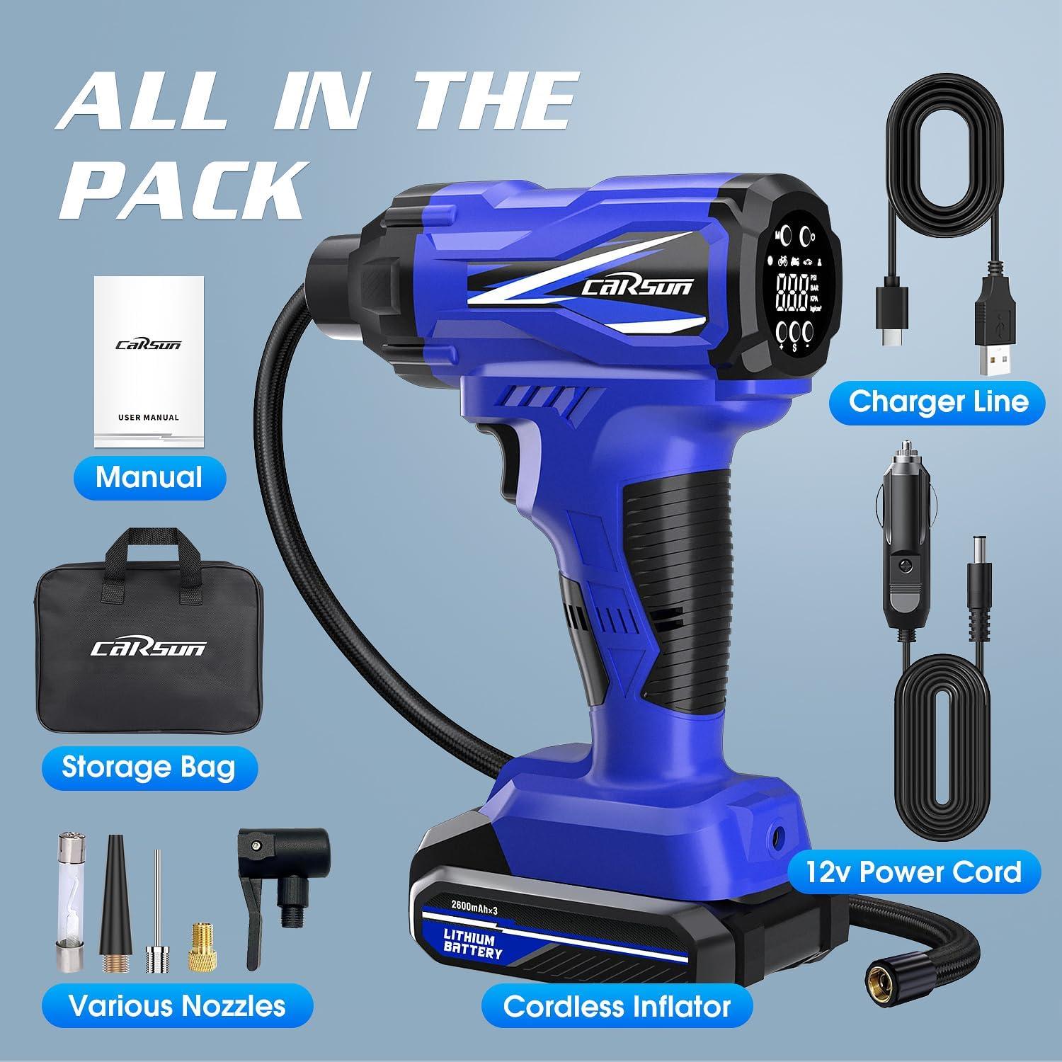 imageCARSUN Tire Inflator Portable Air Compressor Cordless Car Tire Pump with Rechargeable Liion Battery 150PSI Portable Handheld Air Pump with Digital Pressure Gauge for Car Tires Bicycles Balls Blue