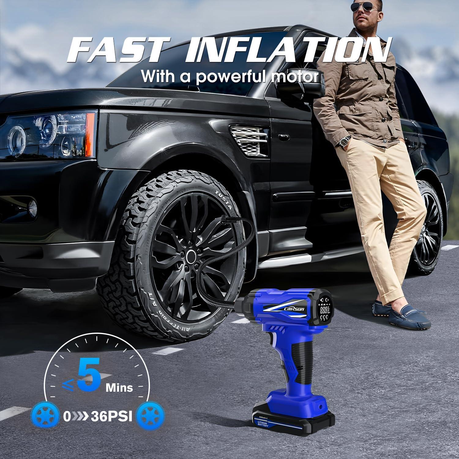 imageCARSUN Tire Inflator Portable Air Compressor Cordless Car Tire Pump with Rechargeable Liion Battery 150PSI Portable Handheld Air Pump with Digital Pressure Gauge for Car Tires Bicycles Balls Blue