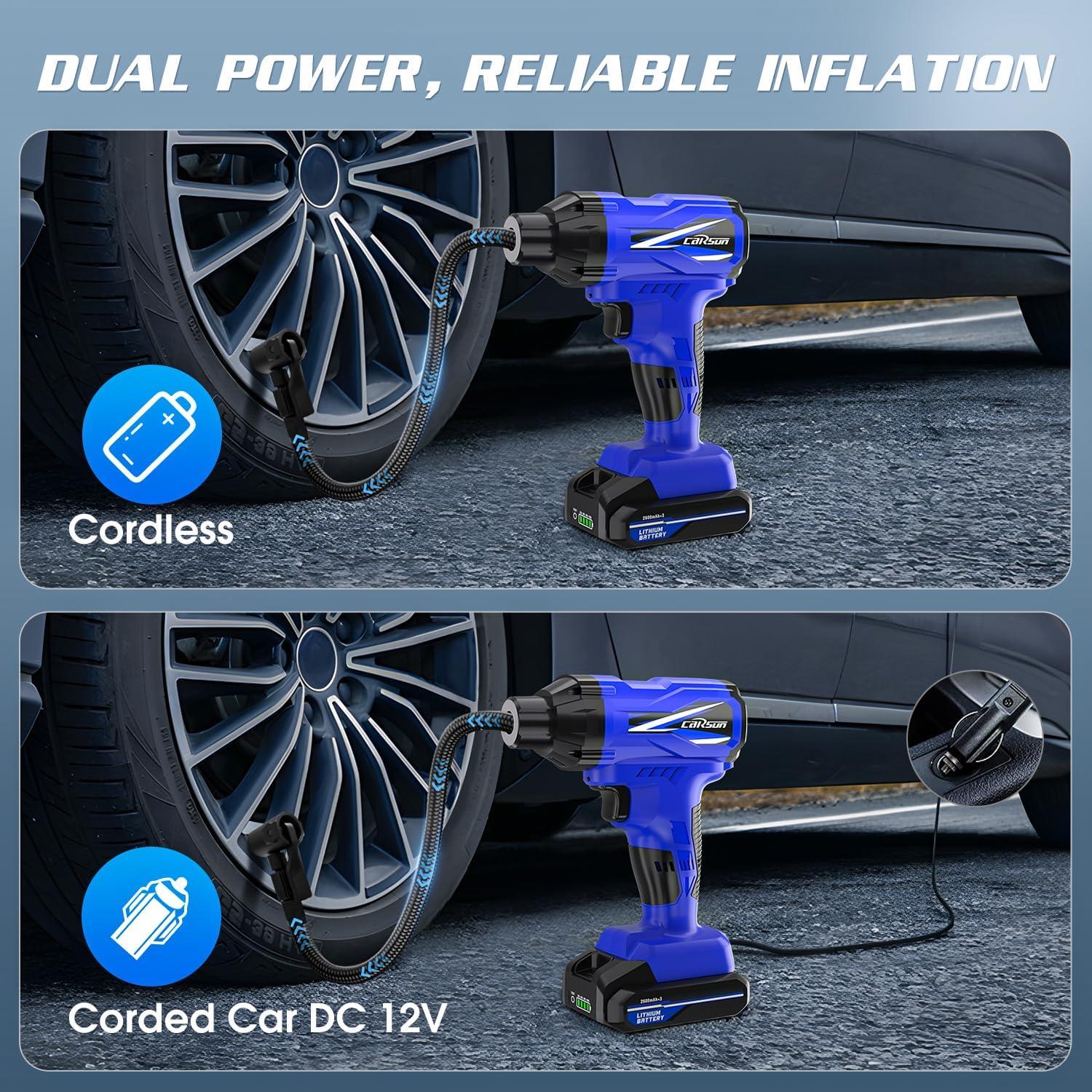 imageCARSUN Tire Inflator Portable Air Compressor Cordless Car Tire Pump with Rechargeable Liion Battery 150PSI Portable Handheld Air Pump with Digital Pressure Gauge for Car Tires Bicycles Balls Blue