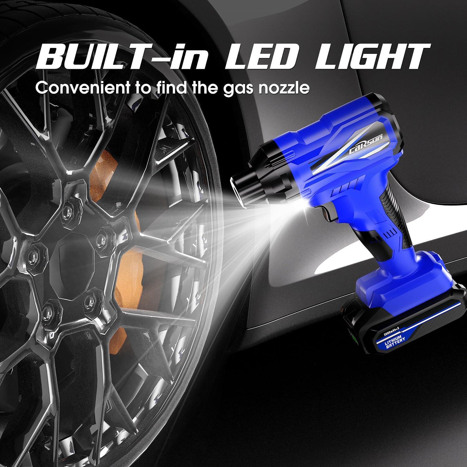 imageCARSUN Tire Inflator Portable Air Compressor Cordless Car Tire Pump with Rechargeable Liion Battery 150PSI Portable Handheld Air Pump with Digital Pressure Gauge for Car Tires Bicycles Balls Blue