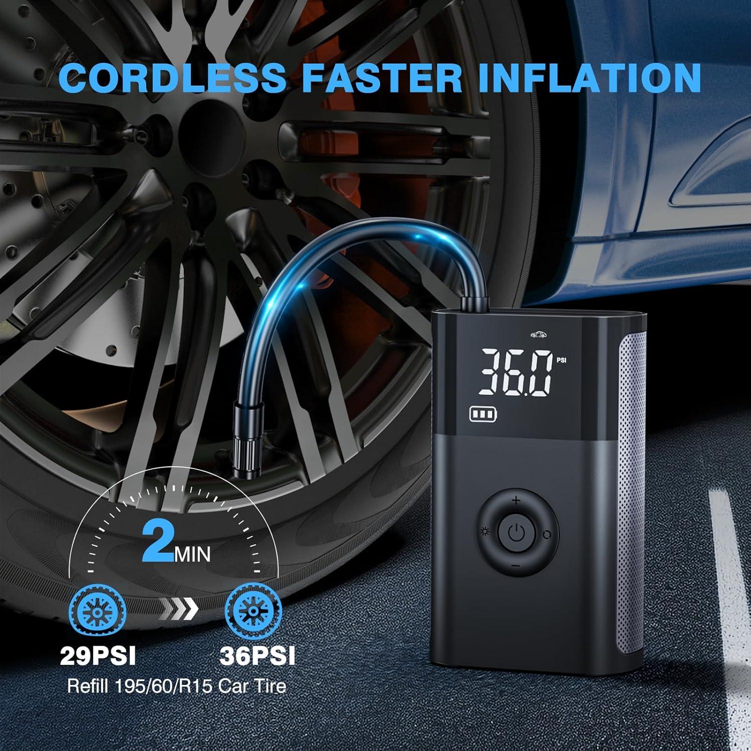 imageCARSUN Tire Inflator Portable Air Compressor150 PSI Cordless Air Pump with Tire Pressure GaugeSmart Pump Electric Air Pump Tire Inflator for CarMotorcyclesBicyclesBalls