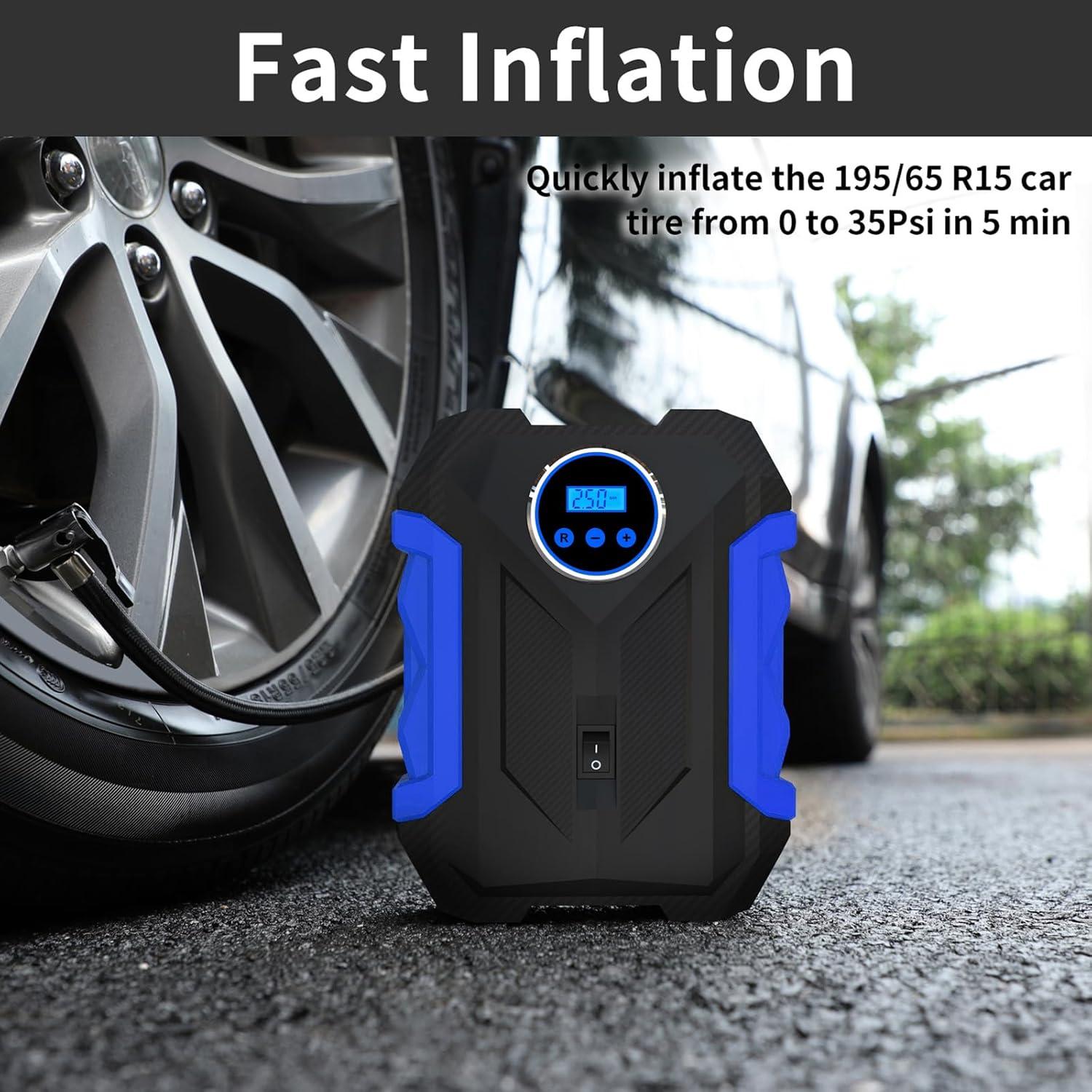 imageDigital Air Compressor for Car Auto Pump Portable Tire Inflator with LED Light DC 12V BlueBlue