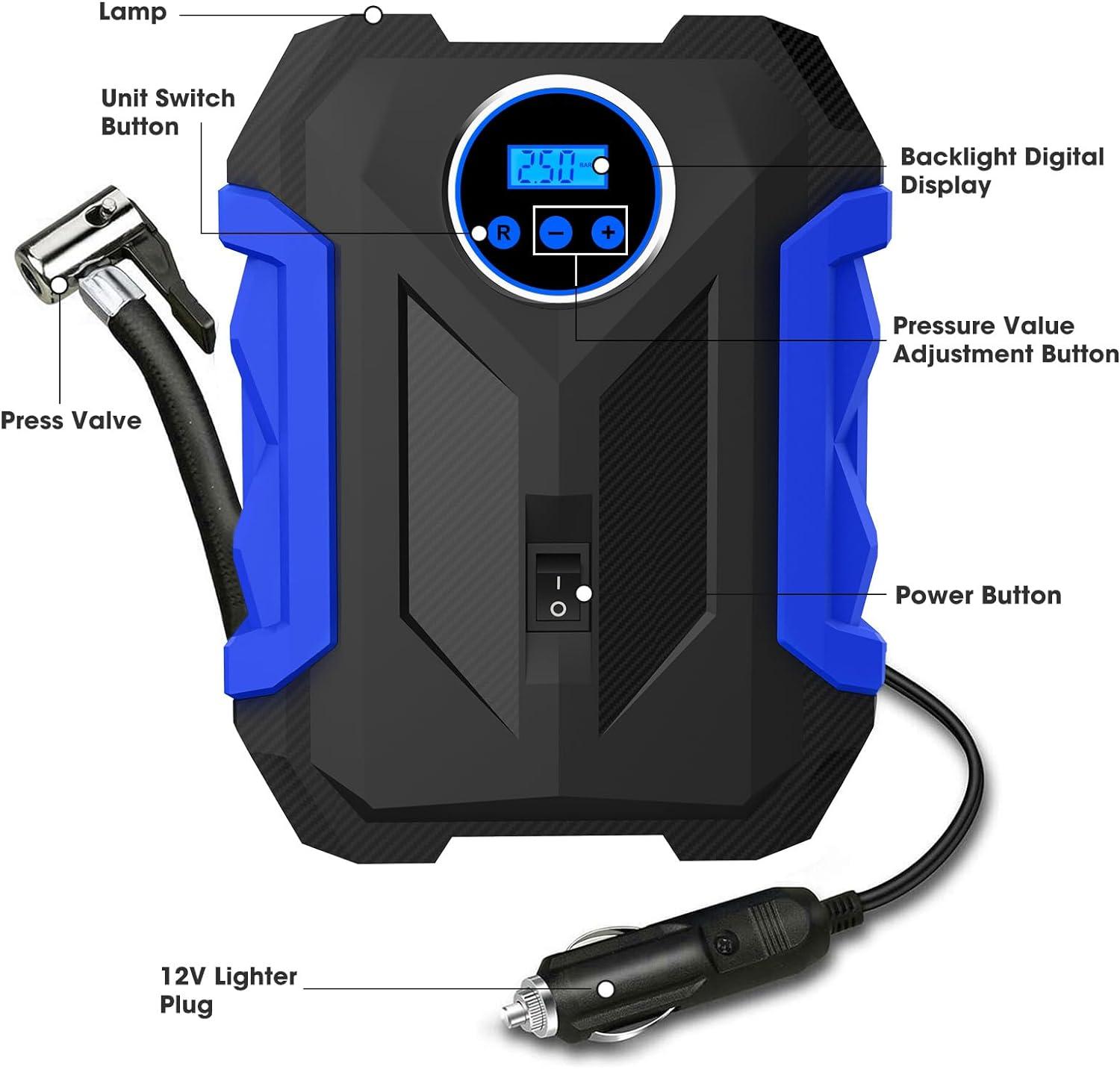 imageDigital Air Compressor for Car Auto Pump Portable Tire Inflator with LED Light DC 12V BlueBlue