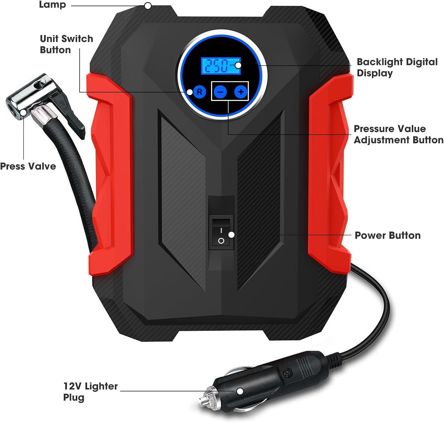 imageDigital Air Compressor for Car Auto Pump Portable Tire Inflator with LED Light DC 12V BlueRed