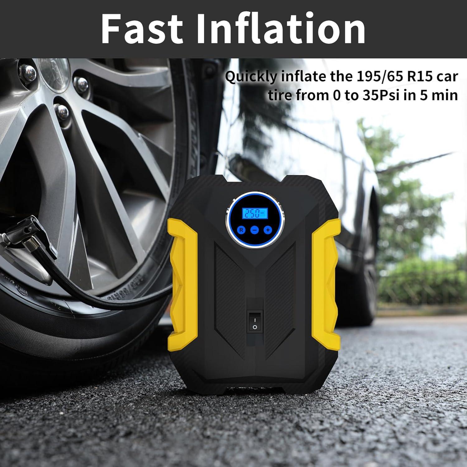 imageDigital Air Compressor for Car Auto Pump Portable Tire Inflator with LED Light DC 12V BlueYellow
