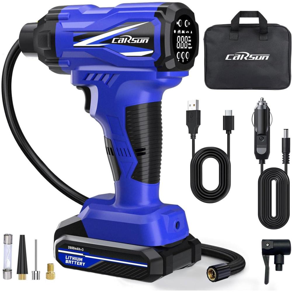imageCARSUN Tire Inflator Portable Air Compressor Cordless Car Tire Pump with Rechargeable Liion Battery 150PSI Portable Handheld Air Pump with Digital Pressure Gauge for Car Tires Bicycles Balls Blue