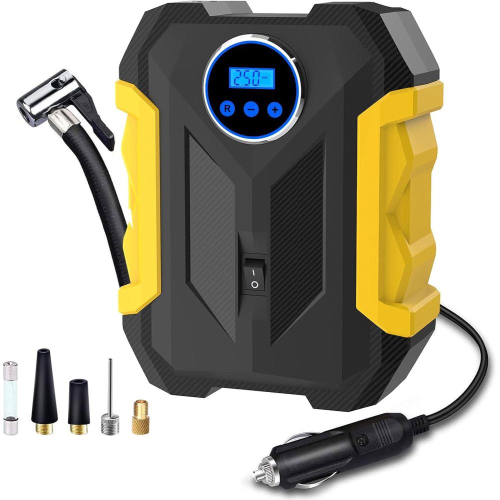 imageDigital Air Compressor for Car Auto Pump Portable Tire Inflator with LED Light DC 12V BlueYellow