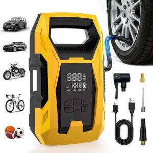 imageCARSUN Cordless Tire Inflator Portable Air Compressor 150 PSI Air Compressor for Car Tires Portable Tire Inflator with Digital Dual Values Display Tire Pump for Car Bike Motorcycle BallYellowBattery Powered